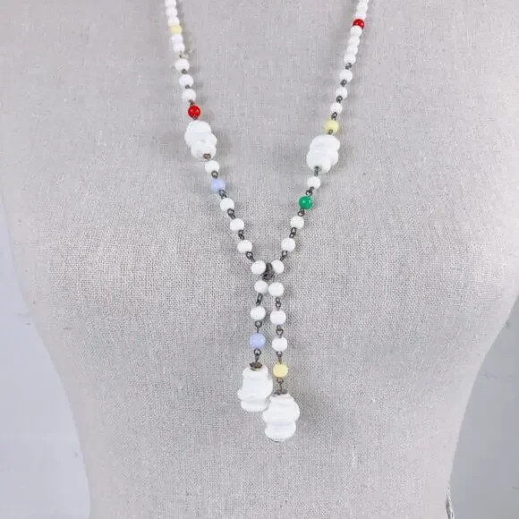 Vintage Milk Glass Lariat Necklace Long Knotted Beaded Y Drop Fun Folk Art Style - Picture 12 of 13